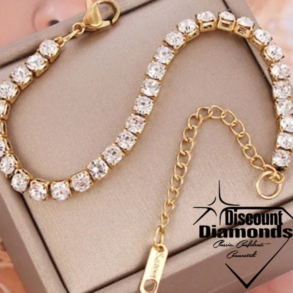 White Zircon Tennis Bracelet on 18K Yellow Gold over 925 Stainless Steel